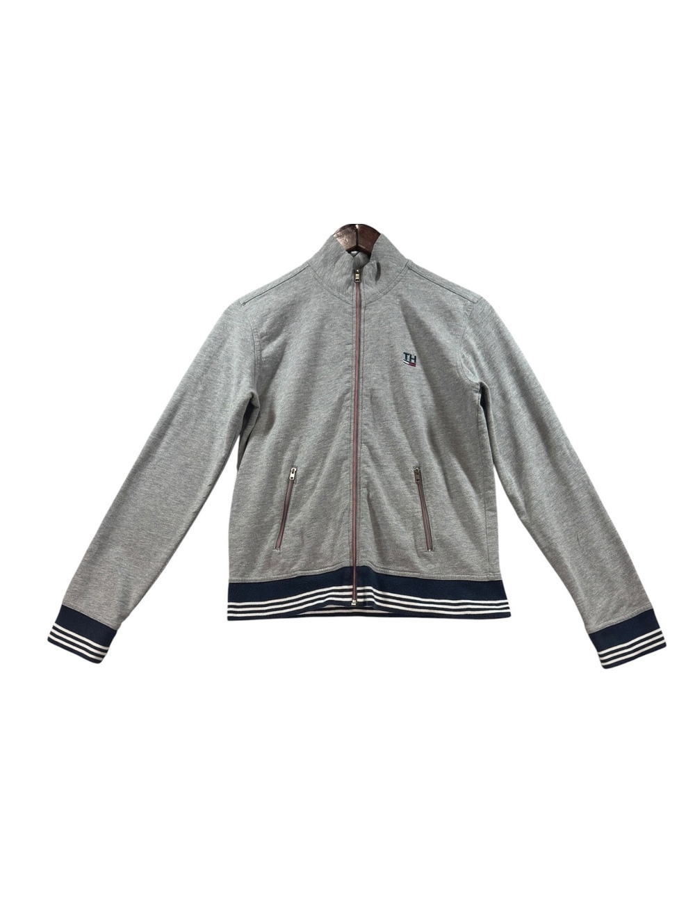Tommy Hilfiger Gray Full Zip Track Jacket Size S Logo Striped Preppy Y2K